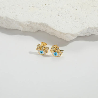 1 Pair Elegant Simple Style Commute Devil'S Eye Enamel Inlay Copper Zircon 14K Gold Plated Ear Studs