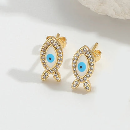 1 Pair Elegant Simple Style Commute Devil'S Eye Enamel Inlay Copper Zircon 14K Gold Plated Ear Studs