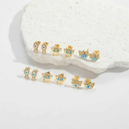 1 Pair Elegant Simple Style Commute Devil'S Eye Enamel Inlay Copper Zircon 14K Gold Plated Ear Studs