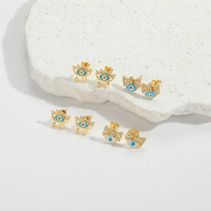 1 Pair Elegant Simple Style Commute Devil'S Eye Enamel Inlay Copper Zircon 14K Gold Plated Ear Studs