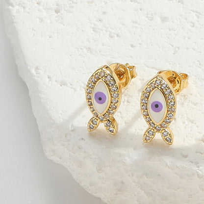 1 Pair Elegant Simple Style Commute Devil'S Eye Enamel Inlay Copper Zircon 14K Gold Plated Ear Studs