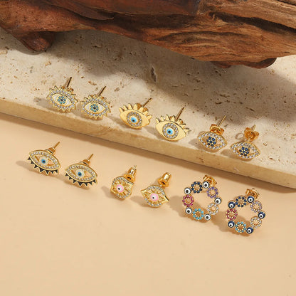 1 Pair Elegant Simple Style Commute Devil'S Eye Enamel Inlay Copper Zircon 14K Gold Plated Ear Studs