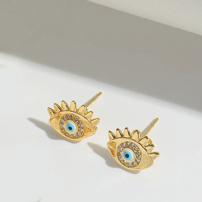 1 Pair Elegant Simple Style Commute Devil'S Eye Enamel Inlay Copper Zircon 14K Gold Plated Ear Studs