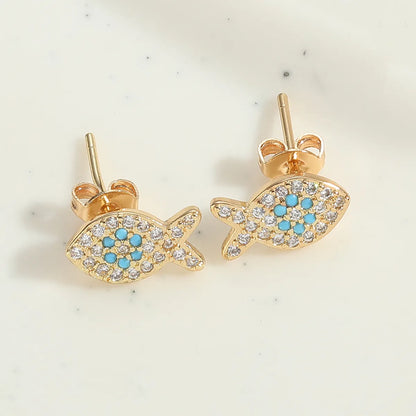 1 Pair Elegant Simple Style Commute Devil'S Eye Enamel Inlay Copper Zircon 14K Gold Plated Ear Studs