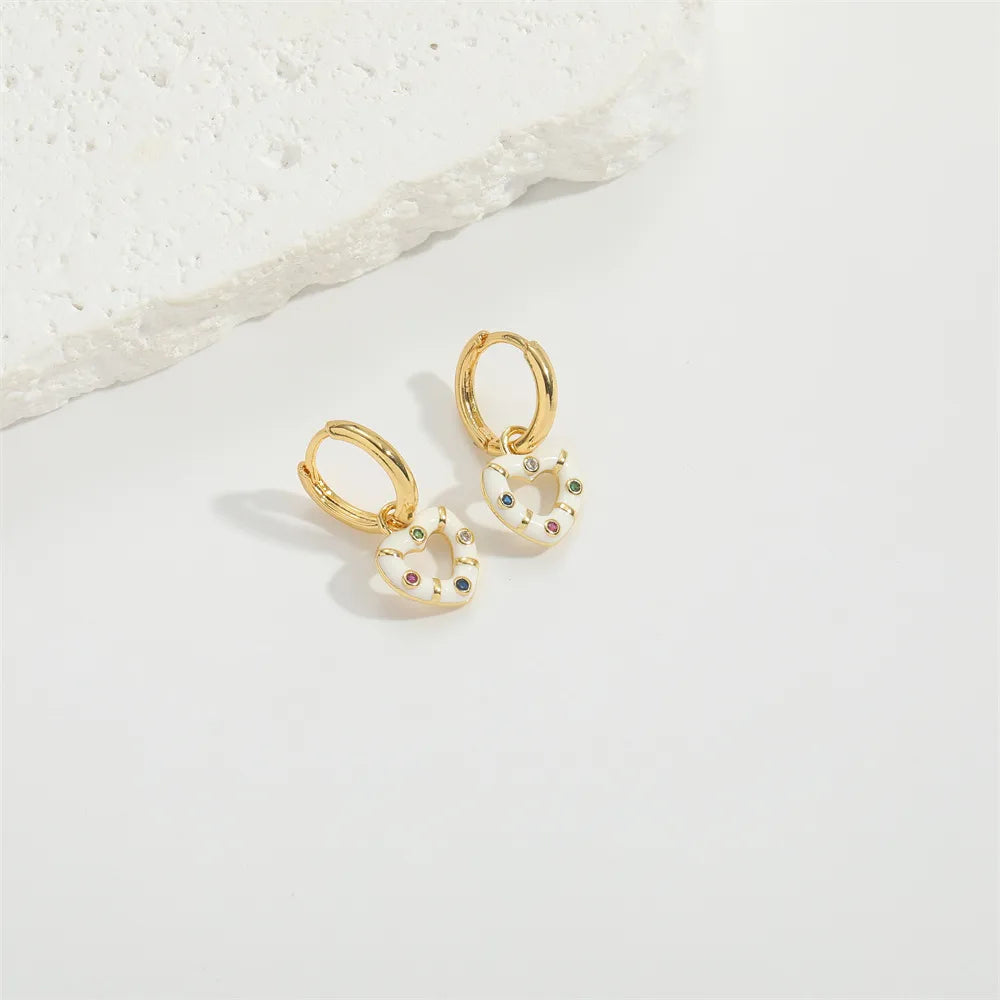 1 Pair Elegant Simple Style Commute Heart Shape Enamel Hollow Out Inlay Copper Zircon 14K Gold Plated Drop Earrings