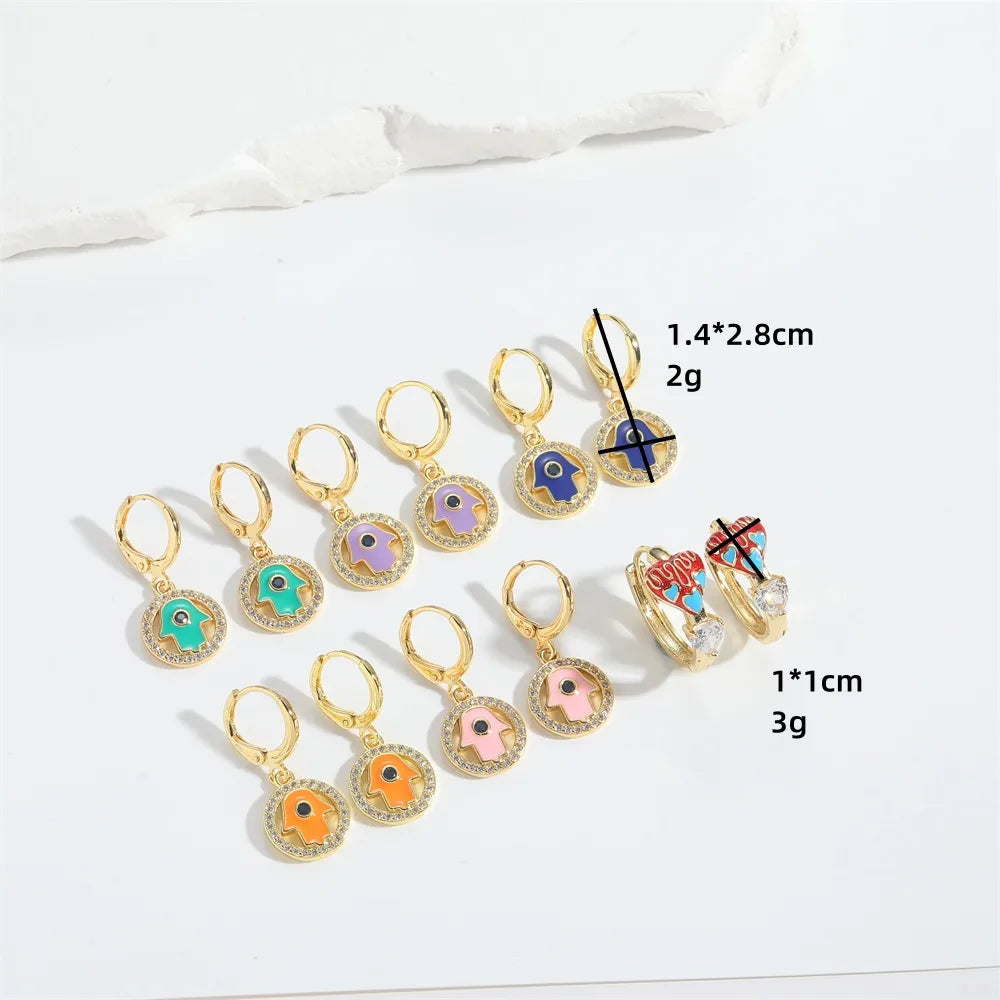 1 Pair Elegant Simple Style Commute Palm Heart Shape Eye Enamel Inlay Copper Zircon 14K Gold Plated Drop Earrings Earrings