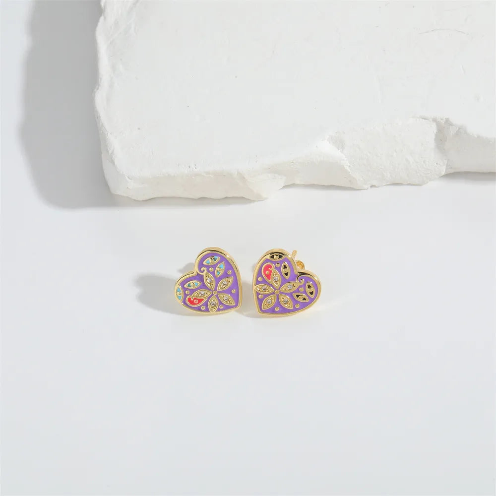 1 Pair Elegant Simple Style Commute Round Heart Shape Flower Enamel Inlay Copper Zircon 14K Gold Plated Ear Studs