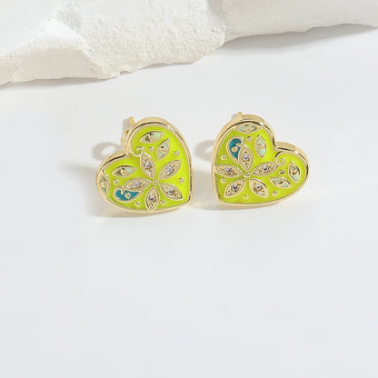 1 Pair Elegant Simple Style Commute Round Heart Shape Flower Enamel Inlay Copper Zircon 14K Gold Plated Ear Studs