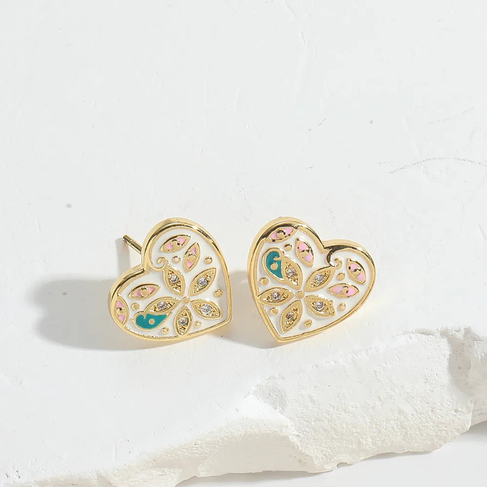 1 Pair Elegant Simple Style Commute Round Heart Shape Flower Enamel Inlay Copper Zircon 14K Gold Plated Ear Studs