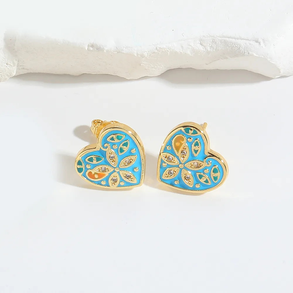 1 Pair Elegant Simple Style Commute Round Heart Shape Flower Enamel Inlay Copper Zircon 14K Gold Plated Ear Studs