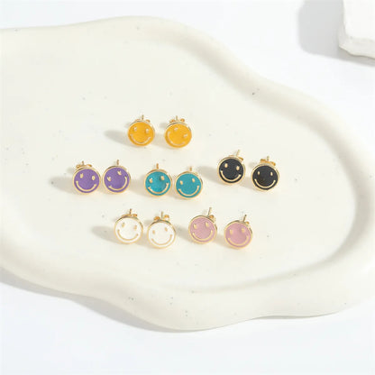 1 Pair Elegant Simple Style Commute Smile Face Enamel Copper 14K Gold Plated Ear Studs