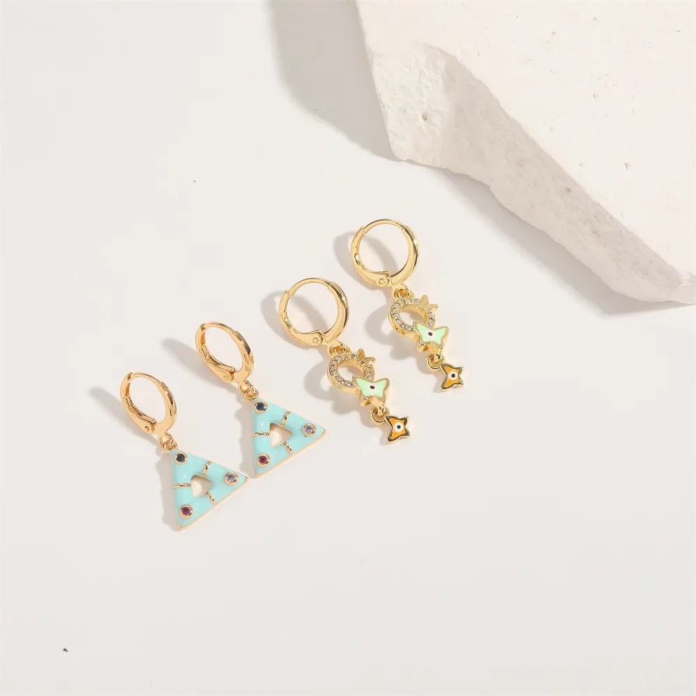 1 Pair Elegant Simple Style Commute Triangle Butterfly Enamel Inlay Copper Zircon 14K Gold Plated Drop Earrings