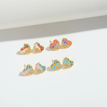 1 Pair Elegant Simple Style Commute Triangle Heart Shape Enamel Inlay Copper Zircon 14K Gold Plated Ear Studs