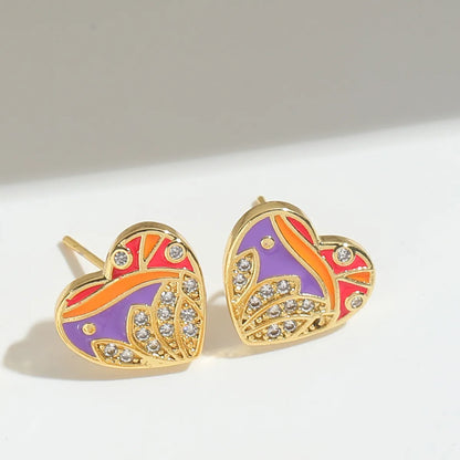 1 Pair Elegant Simple Style Commute Triangle Heart Shape Enamel Inlay Copper Zircon 14K Gold Plated Ear Studs