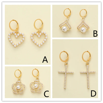 1 Pair Elegant Simple Style Cross Heart Shape Flower Alloy Drop Earrings