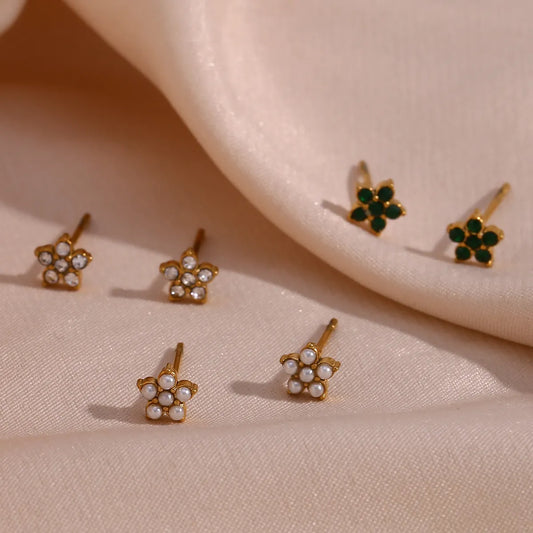 1 Pair Elegant Simple Style Flower Plating Inlay 304 Stainless Steel Rhinestones Pearl 18K Gold Plated Ear Studs