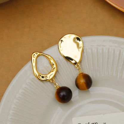 1 Pair Elegant Simple Style Geometric Asymmetrical Inlay Copper Natural Stone 18K Gold Plated Drop Earrings