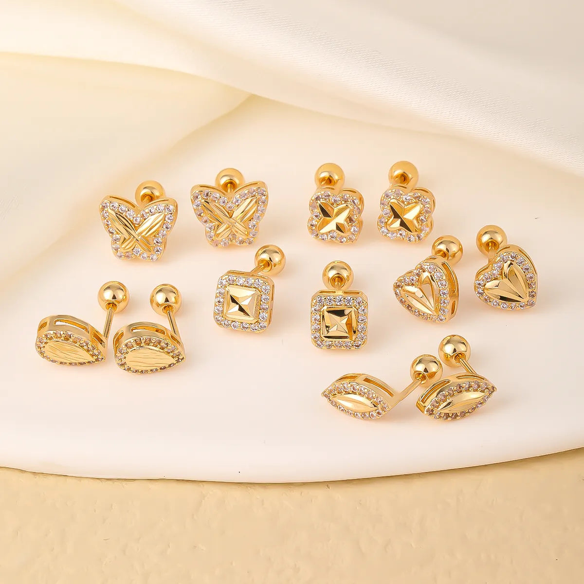 1 Pair Elegant Simple Style Geometric Heart Shape Butterfly Inlay 304 Stainless Steel Copper Zircon Gold Plated Ear Studs