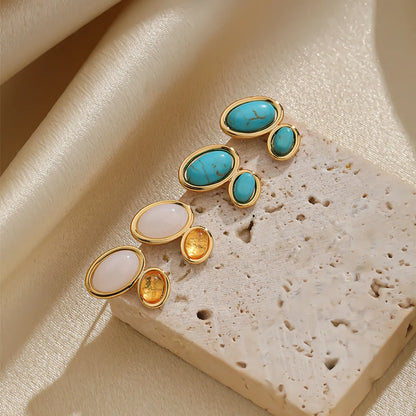 1 Pair Elegant Simple Style Geometric Inlay Copper Resin Turquoise 18k Gold Plated Ear Studs