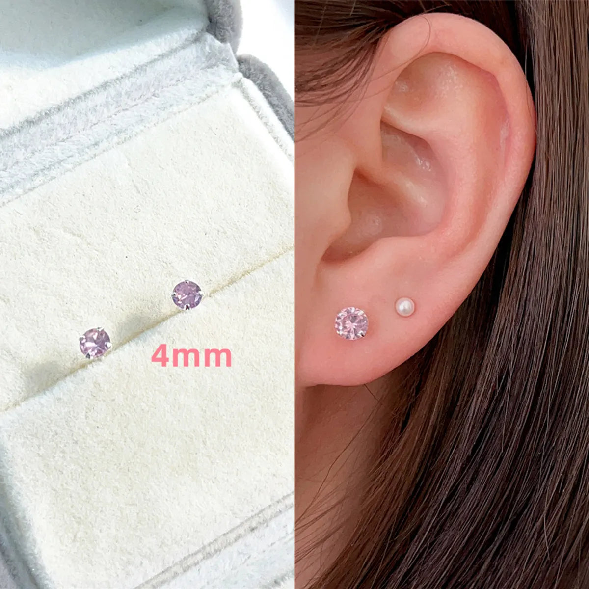 S925 Sterling Silver Needle Pink Diamond Stud Earrings Female Compact Mini 3a Grade Zircon Ear Bone Stud Sleeping No Need To Take Off Ear-Caring Earrings