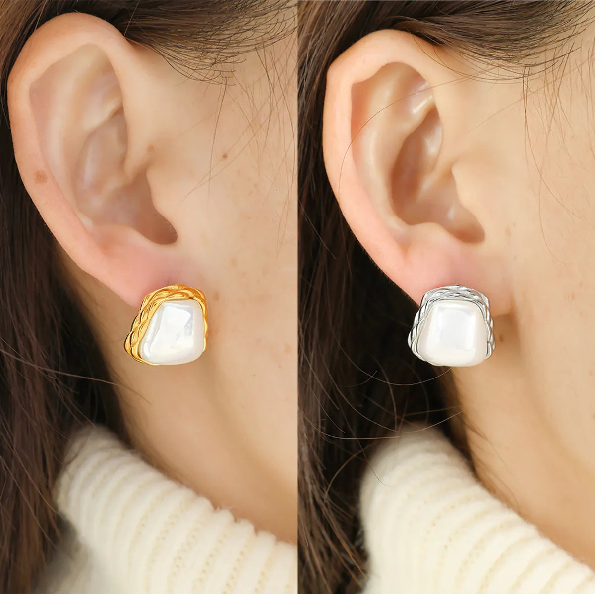 1 Pair Elegant Simple Style Geometric Inlay Titanium Steel Pearl 18K Gold Plated Ear Studs