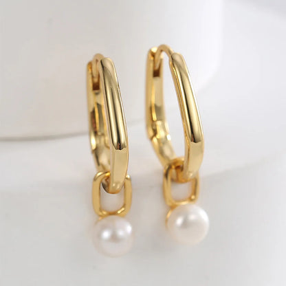 1 Pair Elegant Simple Style Geometric Plating Inlay Copper Artificial Pearls 18k Gold Plated Earrings