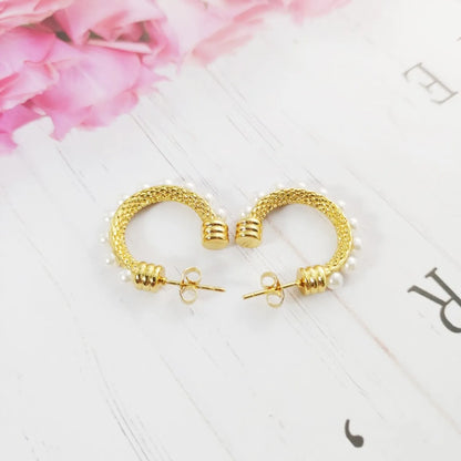 1 Pair Elegant Simple Style Geometric Plating Inlay Titanium Steel Artificial Pearls 18k Gold Plated Earrings