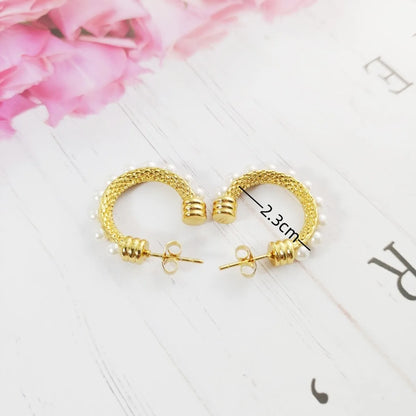 1 Pair Elegant Simple Style Geometric Plating Inlay Titanium Steel Artificial Pearls 18k Gold Plated Earrings