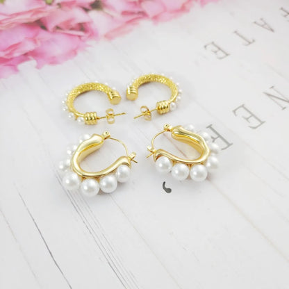 1 Pair Elegant Simple Style Geometric Plating Inlay Titanium Steel Artificial Pearls 18k Gold Plated Earrings