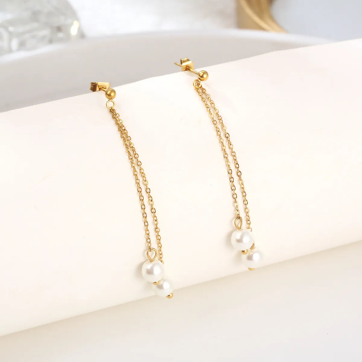 1 Pair Elegant Simple Style Geometric Tassel Plating Stainless Steel Artificial Pearls 18k Gold Plated Drop Earrings