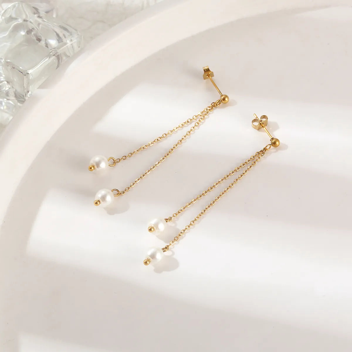 1 Pair Elegant Simple Style Geometric Tassel Plating Stainless Steel Artificial Pearls 18k Gold Plated Drop Earrings