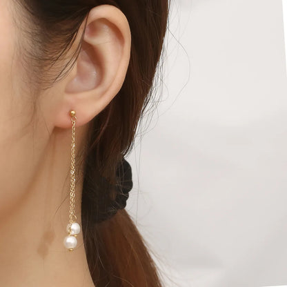 1 Pair Elegant Simple Style Geometric Tassel Plating Stainless Steel Artificial Pearls 18k Gold Plated Drop Earrings