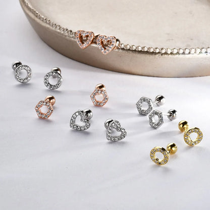 1 Pair Elegant Simple Style Hexagon Round Heart Shape Plating Sterling Silver Zircon Ear Studs