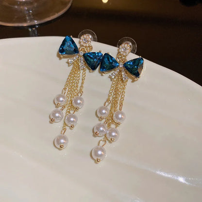 1 Pair Elegant Simple Style Leaf Flower Bow Knot Inlay Imitation Pearl Alloy Rhinestones Drop Earrings