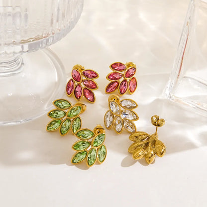 1 Pair Elegant Simple Style Leaves Plating Inlay 304 Stainless Steel Zircon 18K Gold Plated Ear Studs