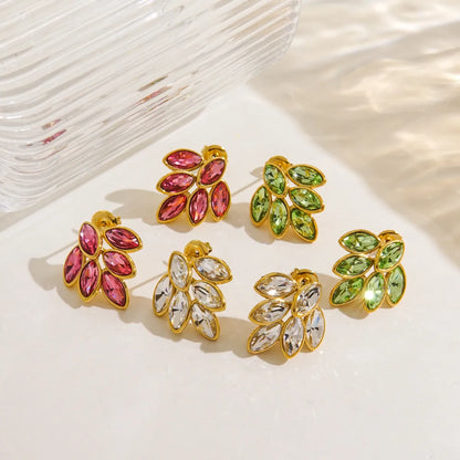 1 Pair Elegant Simple Style Leaves Plating Inlay 304 Stainless Steel Zircon 18K Gold Plated Ear Studs