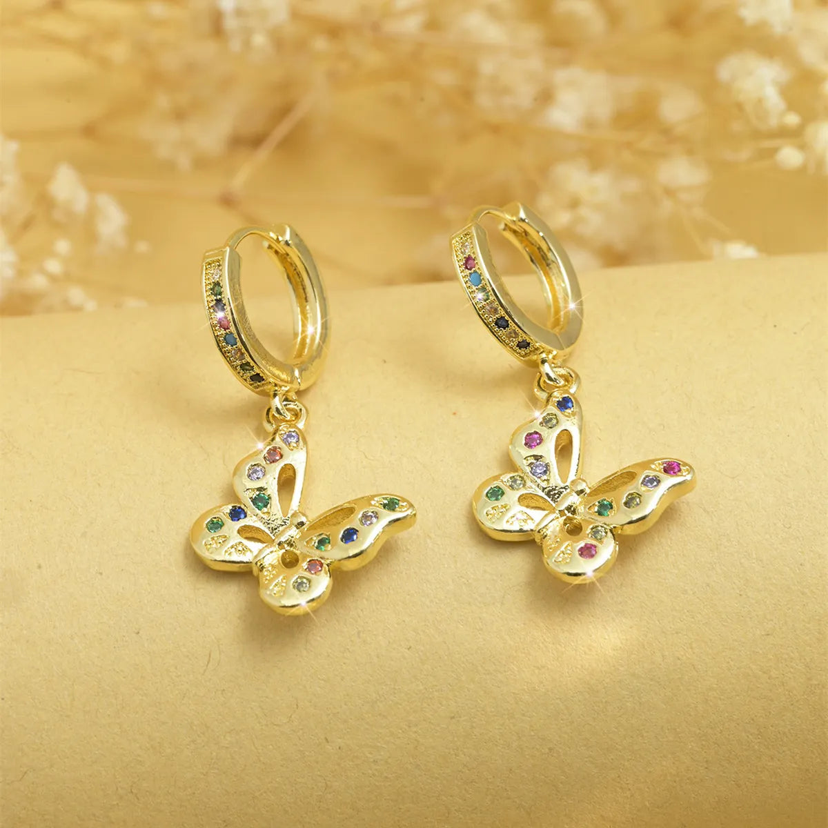 1 Pair Elegant Simple Style Moon Flower Butterfly Plating Copper Zircon Drop Earrings