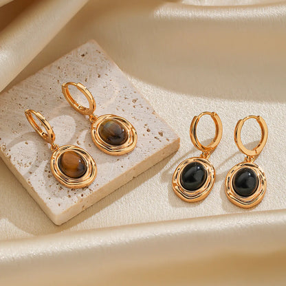 1 Pair Elegant Simple Style Oval Plating Inlay Copper Tiger Eye Obsidian 18k Gold Plated Drop Earrings