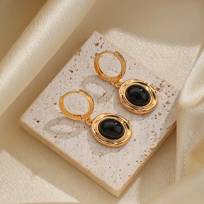 1 Pair Elegant Simple Style Oval Plating Inlay Copper Tiger Eye Obsidian 18k Gold Plated Drop Earrings