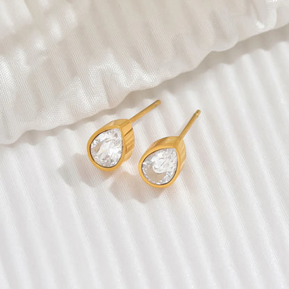 1 Pair Elegant Simple Style Oval Water Droplets Plating Inlay 304 Stainless Steel Zircon 14K Gold Plated Ear Studs