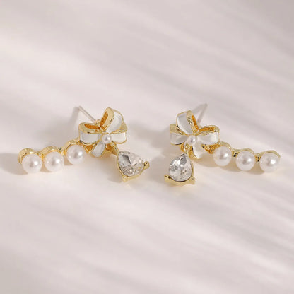 1 Pair Elegant Simple Style Pearl Bow Knot Alloy Rhinestone Drop Earrings