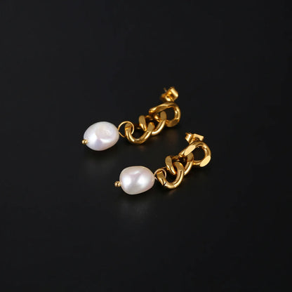 1 Pair Elegant Simple Style Pearl Patchwork Plating Stainless Steel Freshwater Pearl Freshwater Pearl Pearl 18k Gold Plated Drop Earrings