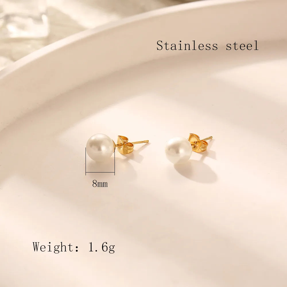 1 Pair Elegant Simple Style Round Plating Inlay 304 Stainless Steel Artificial Pearls 18K Gold Plated Ear Studs