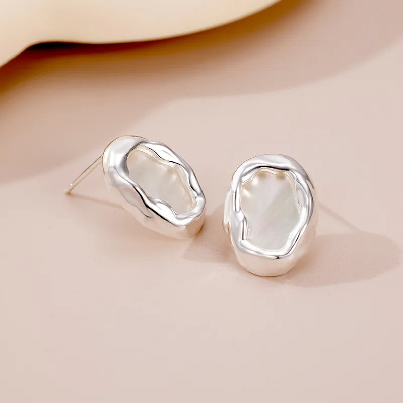 1 Pair Elegant Simple Style Round Plating Inlay Sterling Silver Shell White Gold Plated Ear Studs