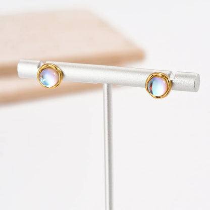 1 Pair Elegant Simple Style Round Polishing Plating Inlay Stainless Steel Moonstone 14k Gold Plated Ear Studs