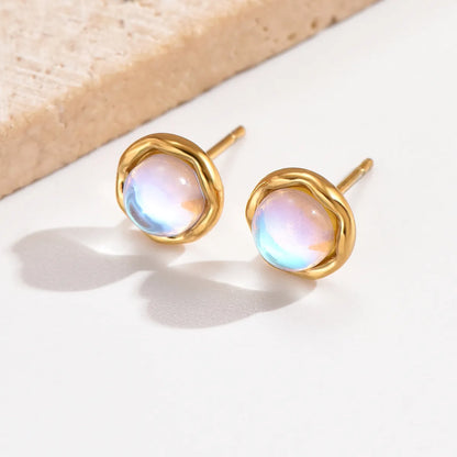 1 Pair Elegant Simple Style Round Polishing Plating Inlay Stainless Steel Moonstone 14k Gold Plated Ear Studs