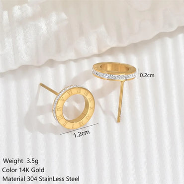 1 Pair Elegant Simple Style Round Roman Numeral Plating Stainless Steel Zircon 14k Gold Plated Ear Studs