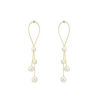 1 Pair Elegant Simple Style Round Tassel Plating Imitation Pearl Alloy Drop Earrings