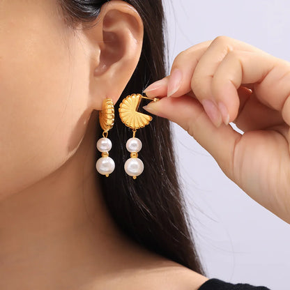 1 Pair Elegant Simple Style Sector Oval Beaded 304 Stainless Steel Artificial Pearl Natural Stone 18K Gold Plated Drop Earrings