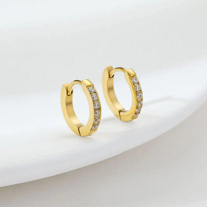 1 Pair Elegant Simple Style Solid Color Inlay Stainless Steel Zircon White Gold Plated Gold Plated Hoop Earrings